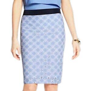 Ann Taylor Eyelet Pencil Skirt Cotton Floral Striped Spring Summer Blue Size 6
